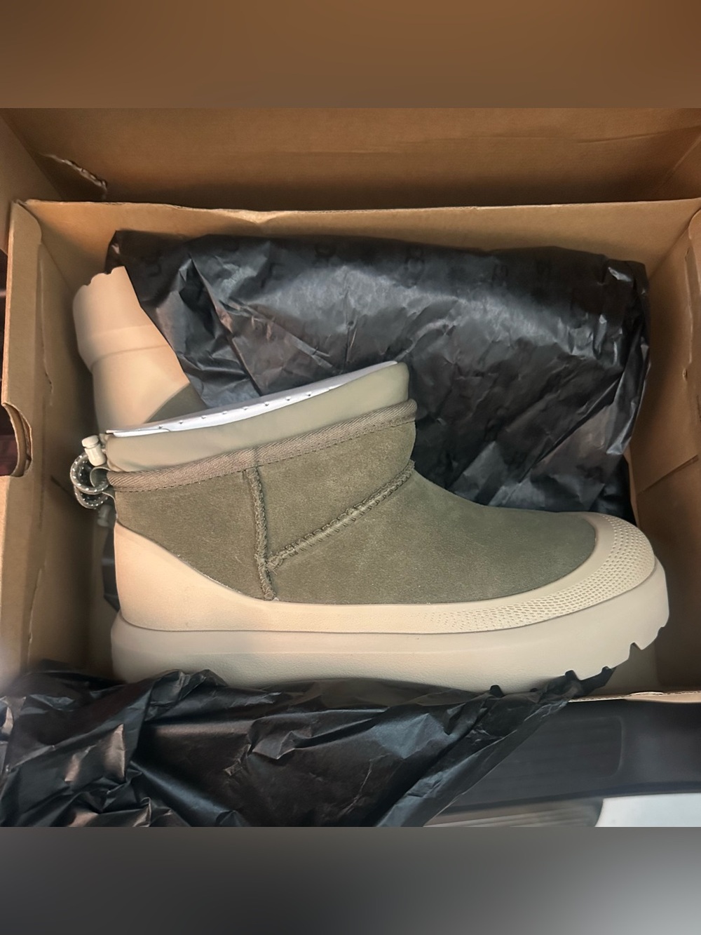 UGG Olive Green Suede Ankle Boot with Ivory Sole